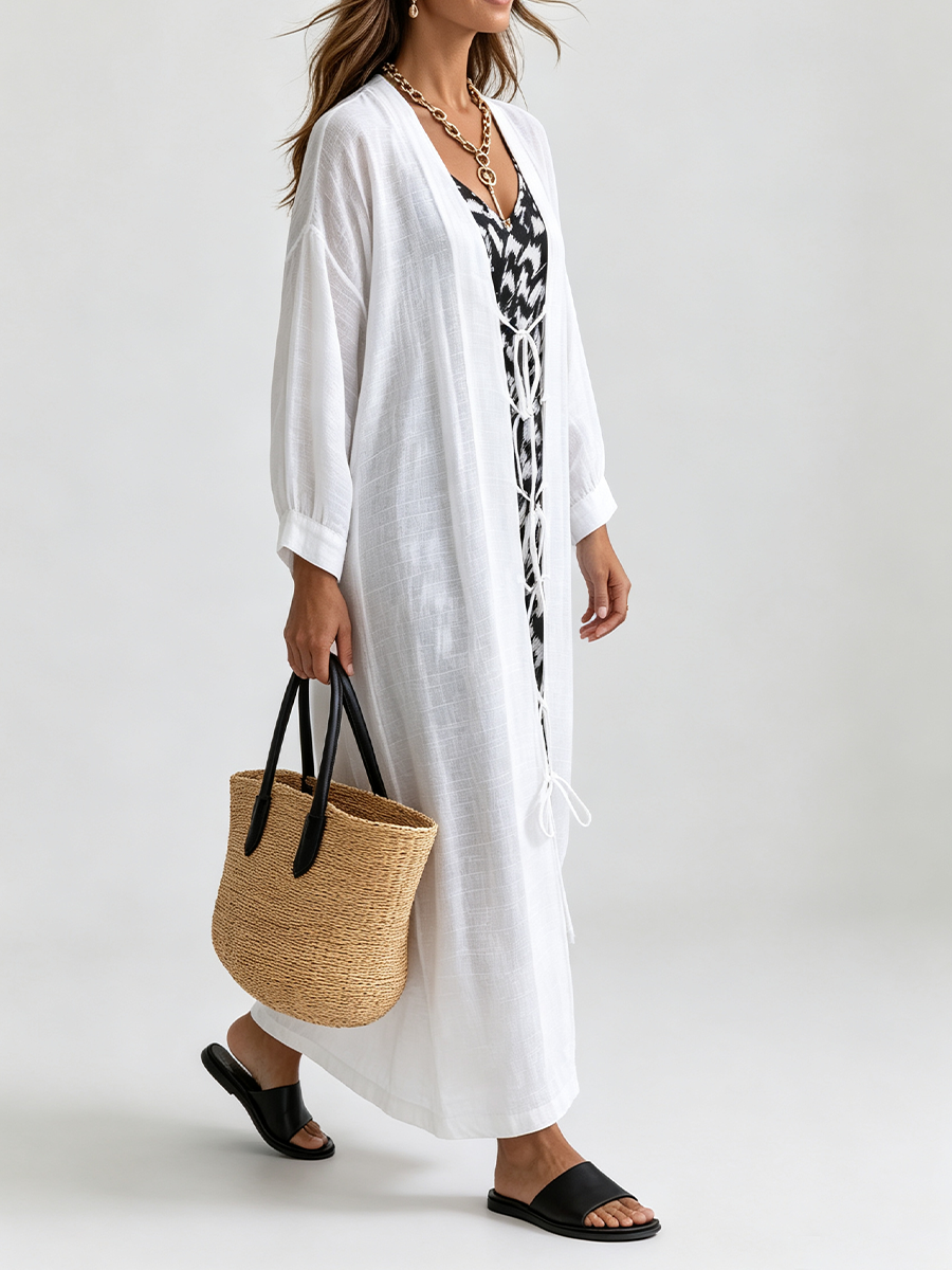Resort Lightweight Linen Gauze Tie-Front Cover-Up Dress