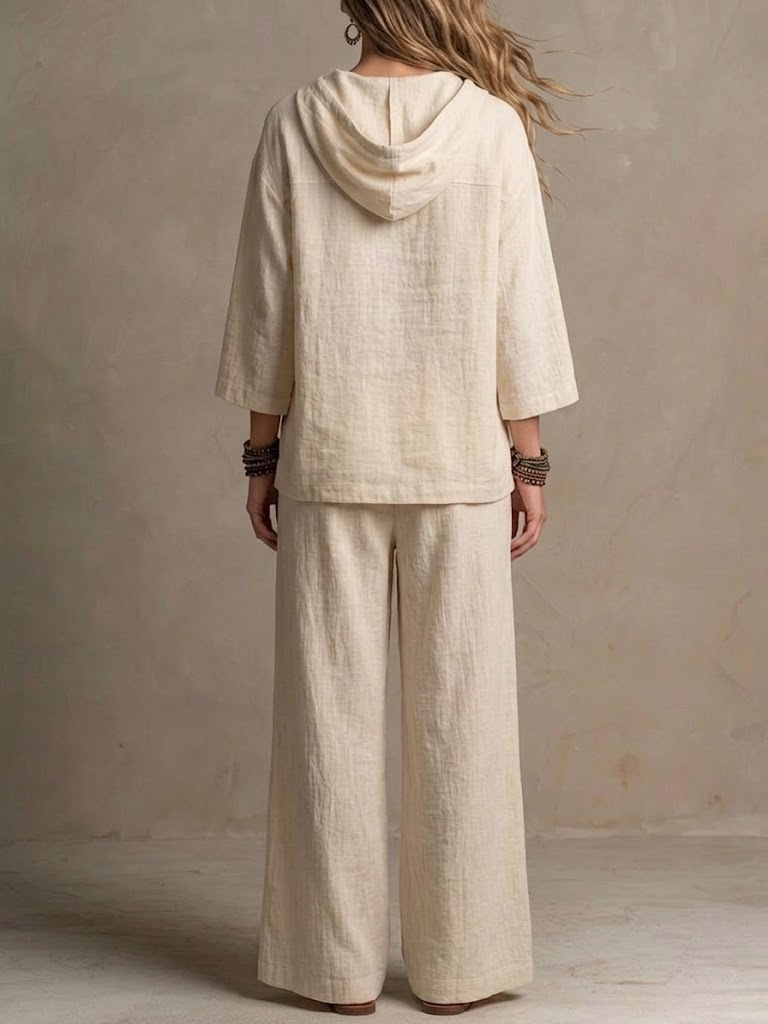 Women's Casual Relaxed Hoodie And Wide-leg Pants Cotton-linen Set
