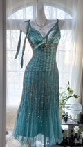 Green Luxury Gorgeous Retro Fashion Exquisite Tassel Beaded Mid-Length Chiffon Ball Gown Birthday Party Dress Evening Dress Prom Dress 3973