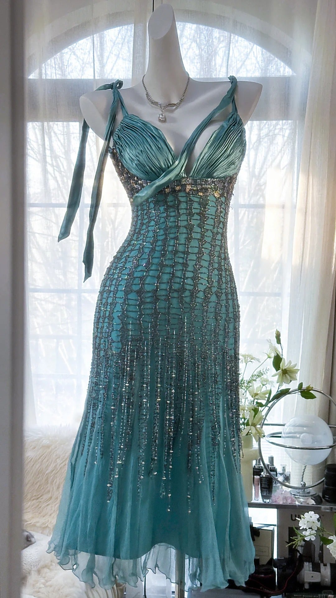 Green Luxury Gorgeous Retro Fashion Exquisite Tassel Beaded Mid-Length Chiffon Ball Gown Birthday Party Dress Evening Dress Prom Dress 3973