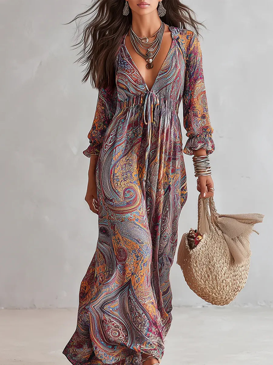 Vintage Paisley Print V neck Dress With Tie Waist