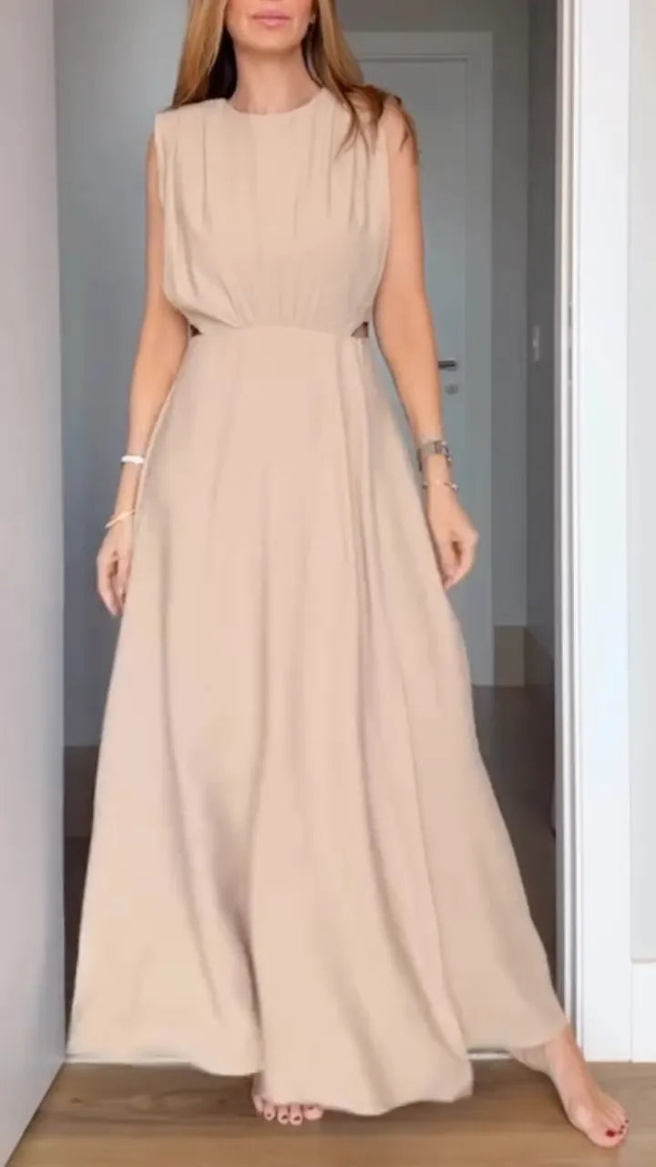 Beige Sleeveless Cutout Waist Tiered Maxi Dress