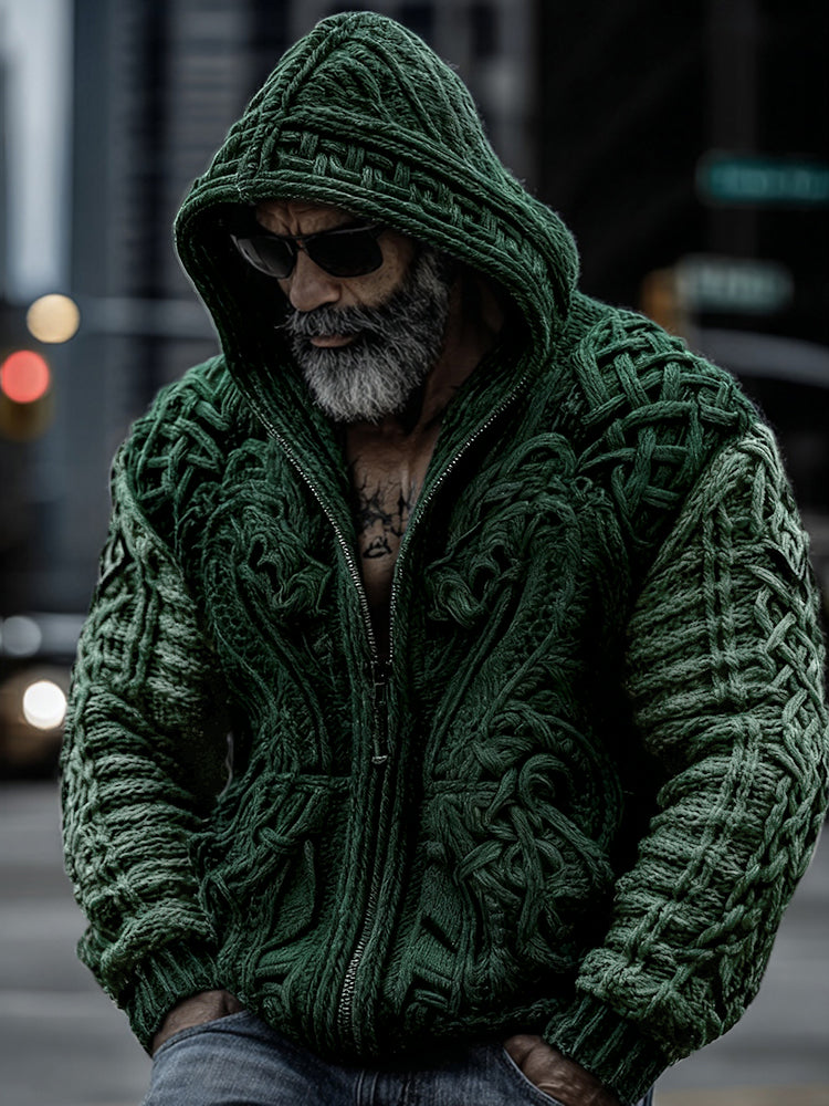 Men's Viking Dragon Totem Chunky Knit Hooded Cardigan