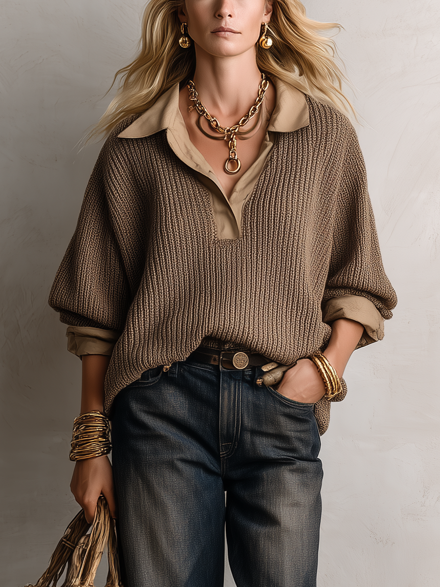 Relaxed Luxe Collared V-Neck Textured Knit Sweater Top