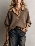 Relaxed Luxe Collared V-Neck Textured Knit Sweater Top