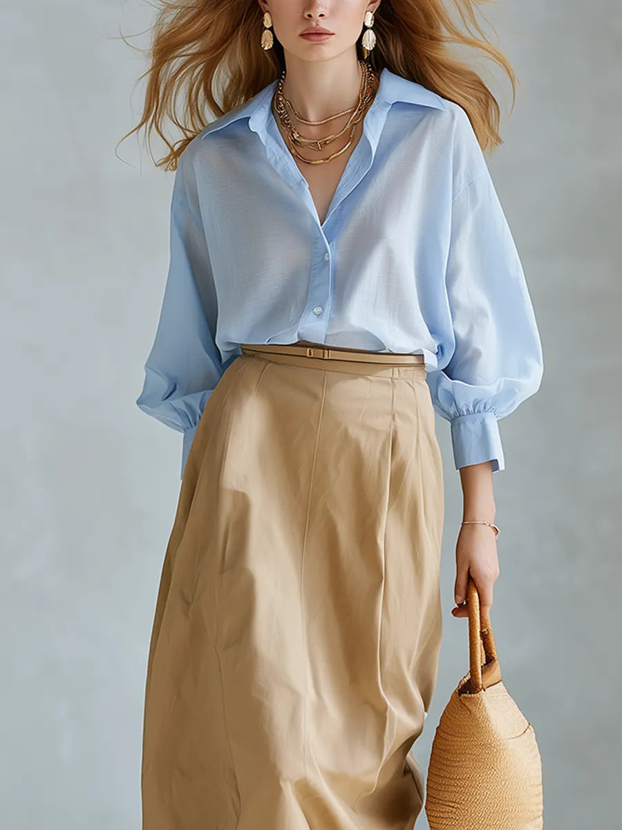 Light Blue Cotton-linen Top And Khaki Skirt Set