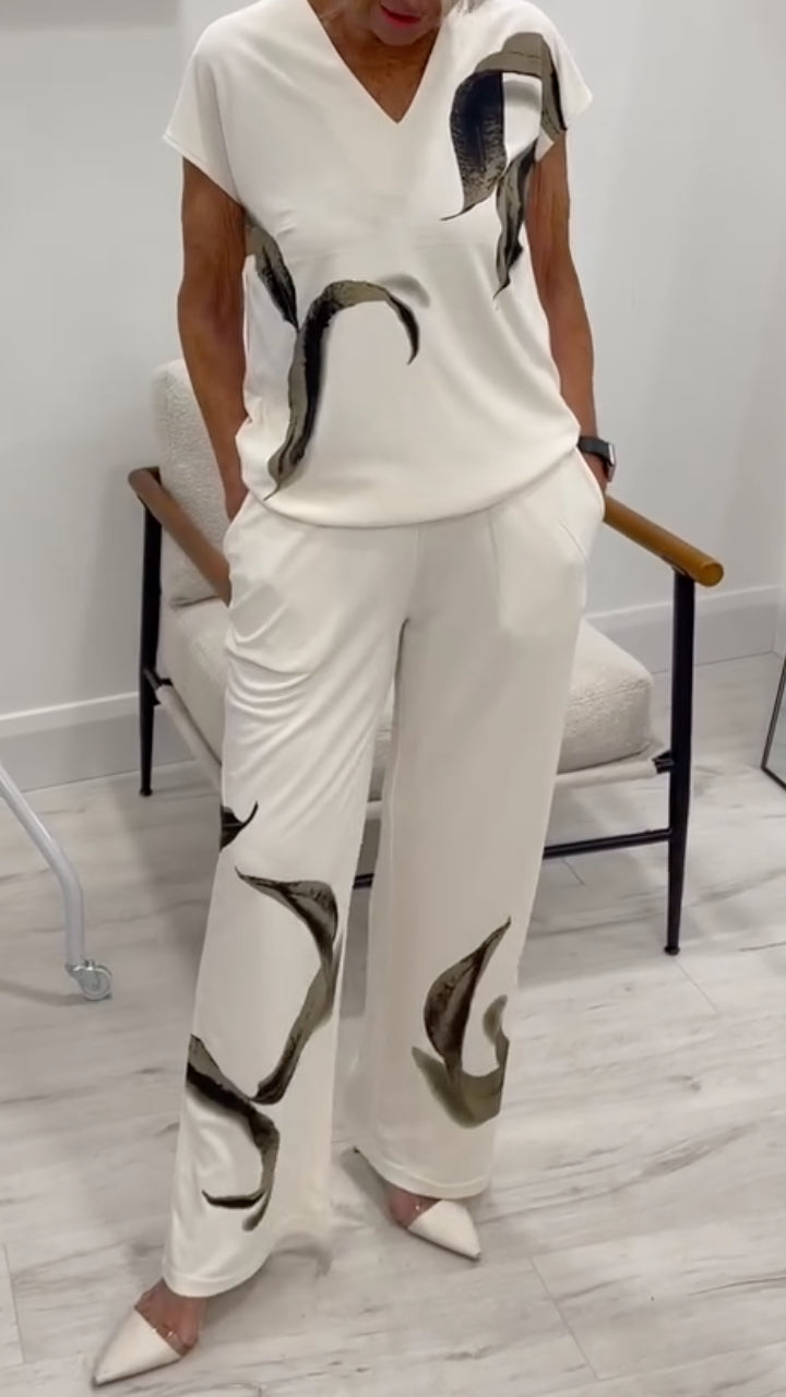 V Neck Short Sleeve Top + Wide Leg Pan Two Piece Settsp + Wide Leg Pants