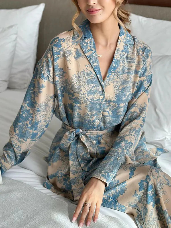 Buttoned Printed Tied Waist High Waisted Long Sleeves Notched Collar Two Pieces Set Pants Set
