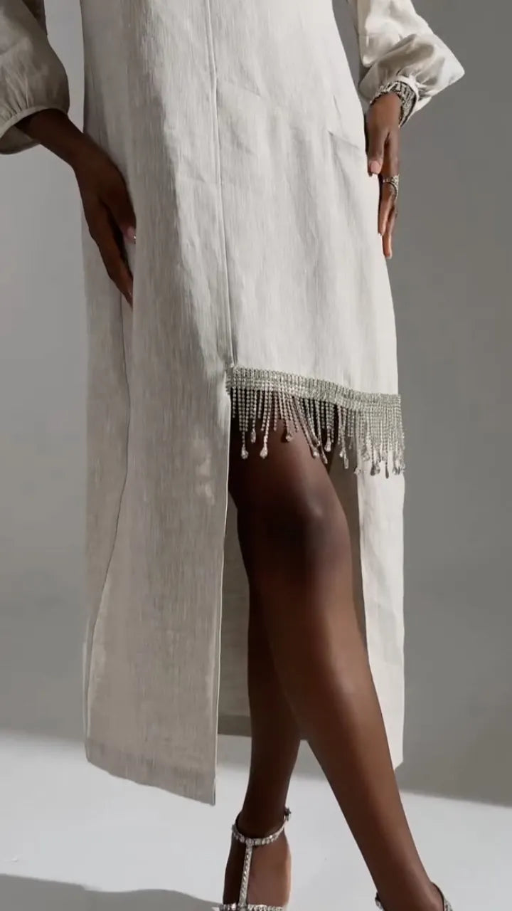 Beige Linen Fringe‑Slit Midi Dress