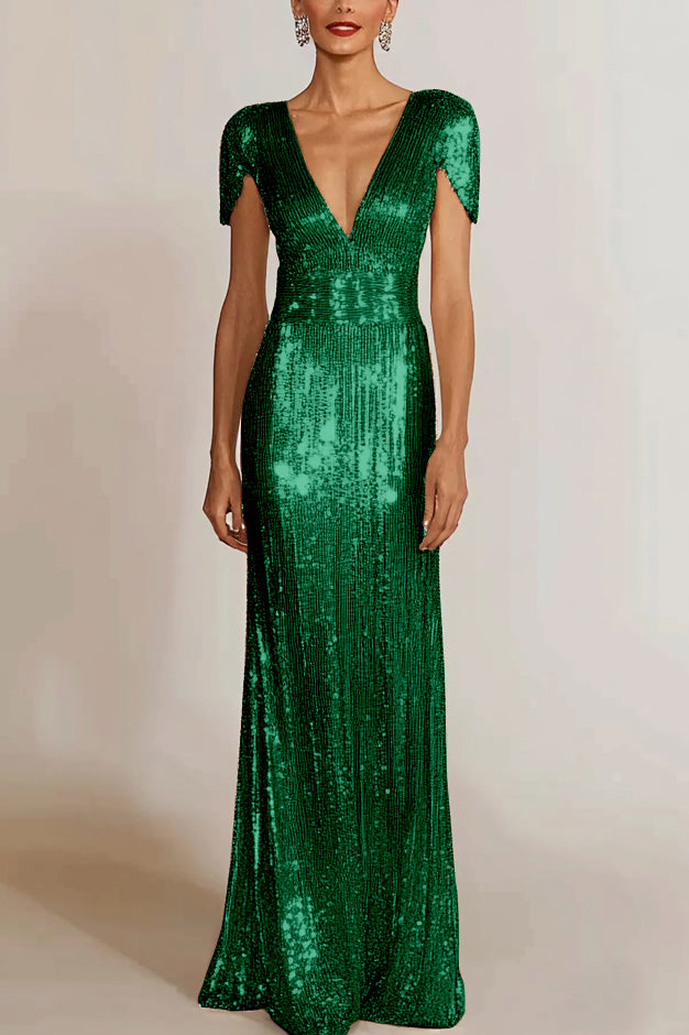 Formal Evening Gold V-Neck Sequins Maxi Dress