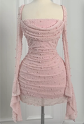 Square Neck Long Sleeve Draped Pearl Ruched Mini Bodycon Dress, Pink Hand Beaded Cocktail Party Evening Gown