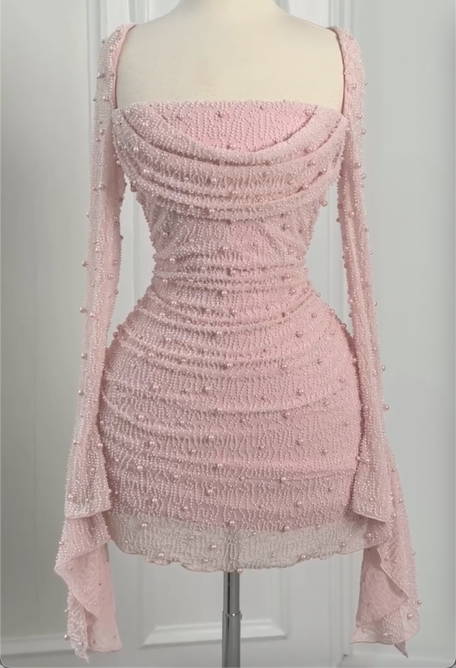Square Neck Long Sleeve Draped Pearl Ruched Mini Bodycon Dress, Pink Hand Beaded Cocktail Party Evening Gown
