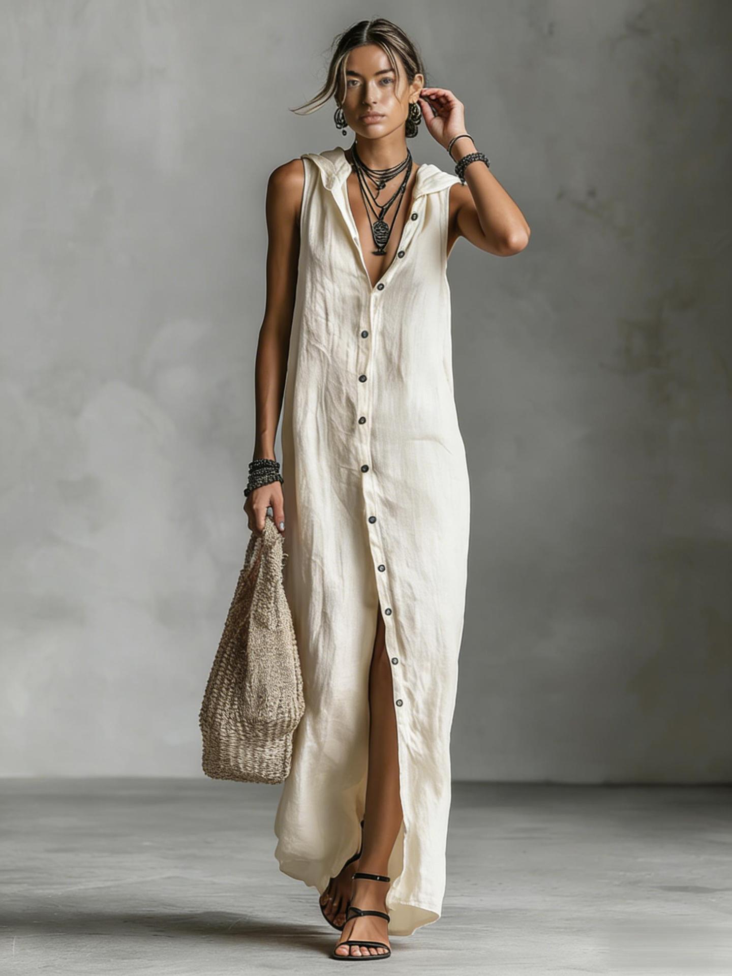 Bohemian Hooded Maxi Shirt Dress - Sleeveless High-Slit Button-Down Summer Vacation Long Dress