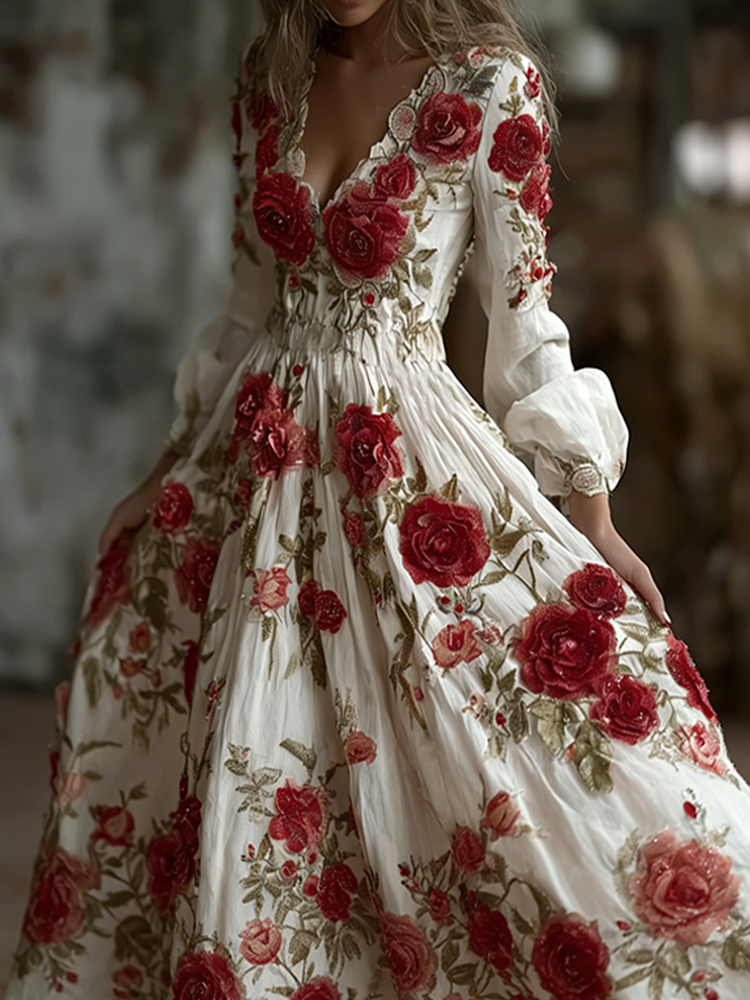 Bohemian Style Red Rose Retro Cotton And Linen Woman's V-neck Dress