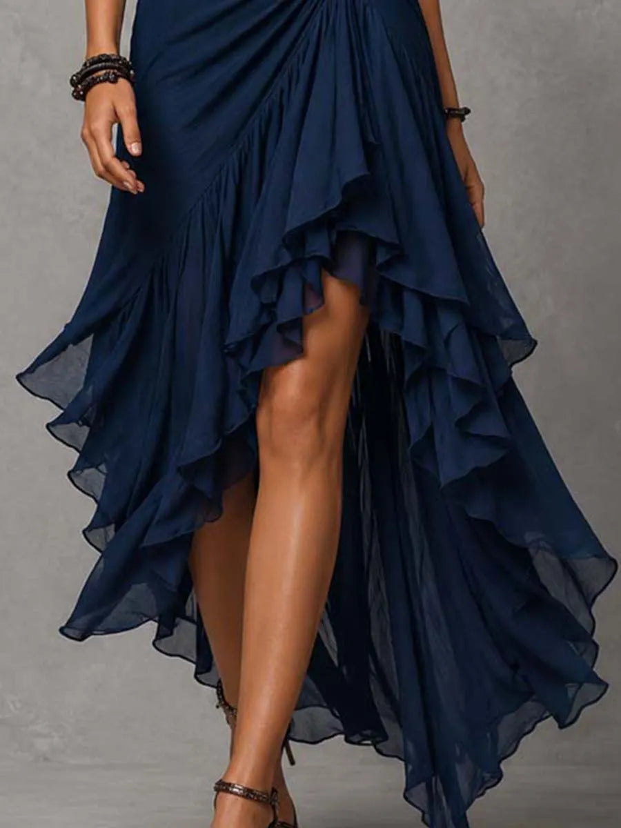 Vintage Elegant Navy Chiffon Halter Neck Asymmetrical Ruffle Maxi Dress