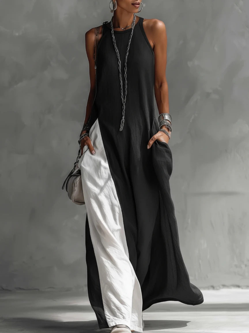 Dadihouse Avant-Garde Halter Maxi Dress - Contrast Color-Block Loose Fit Art-Style Gown