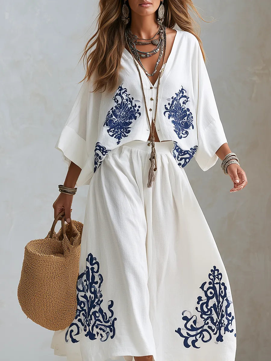 Bohemian Style Navy Blue Floral Midi Skirt Suit
