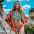 Vintage Tribal Sheep Head Embroidery Art V-neck Linen T-shirt