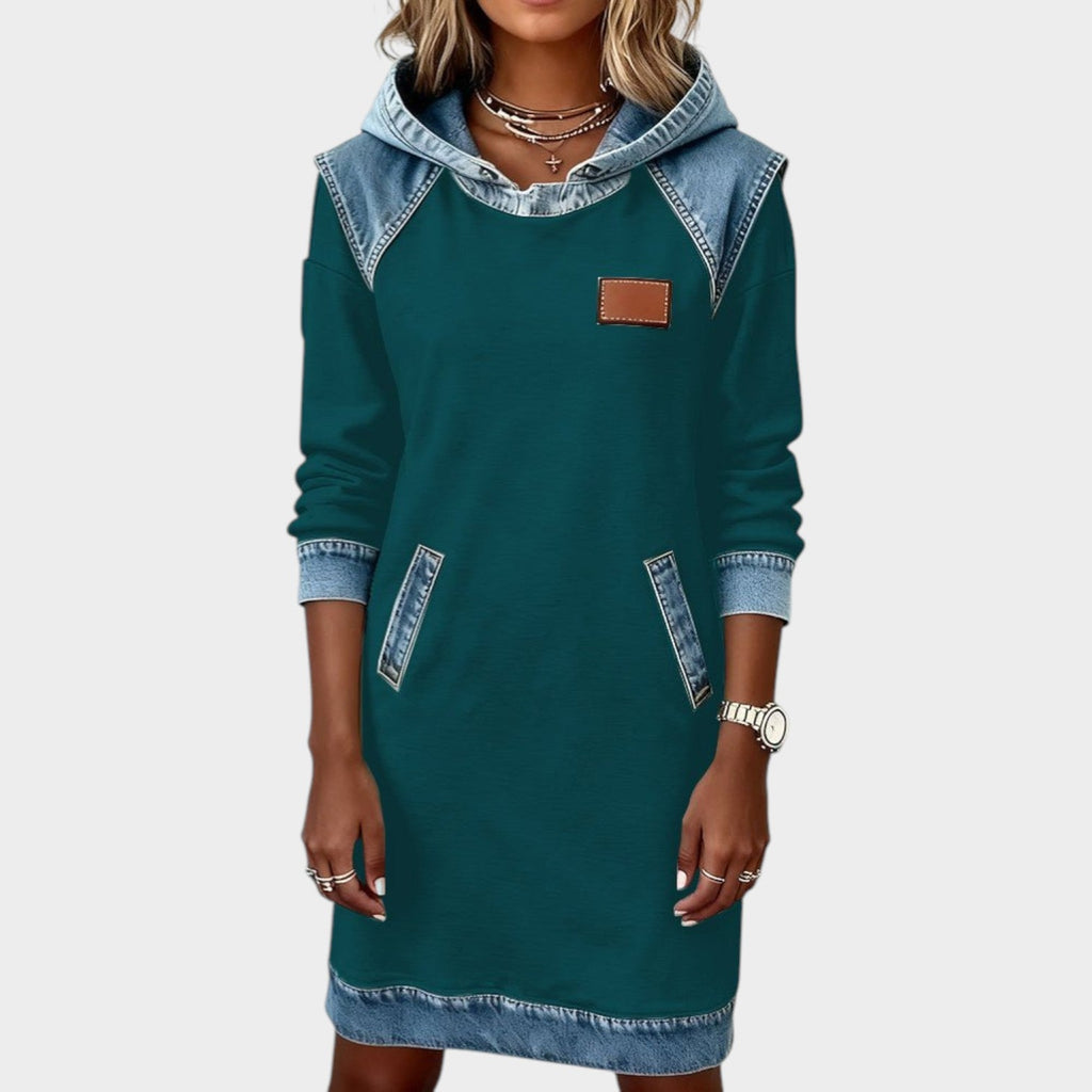 Casual Denim Trim Hoodie Dress