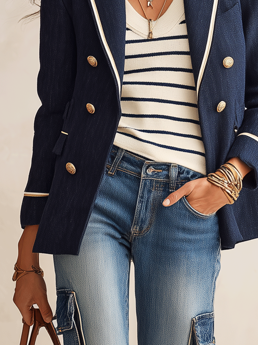 Effortless Chic Linen-Blend Notch-Lapel Gold-Button Navy Tailored Blazer