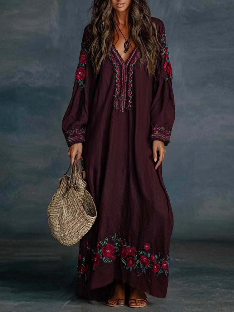 Women's Vintage Floral Art Print Flowy Linen Blend Casual Long Sleeve Maxi Dress