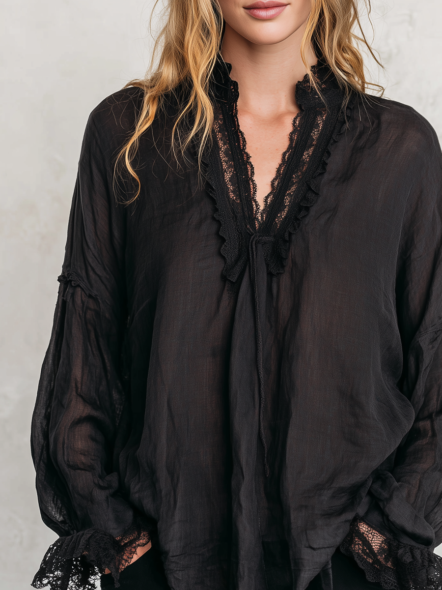 Bohemian Black Lace Tie-front Shirt