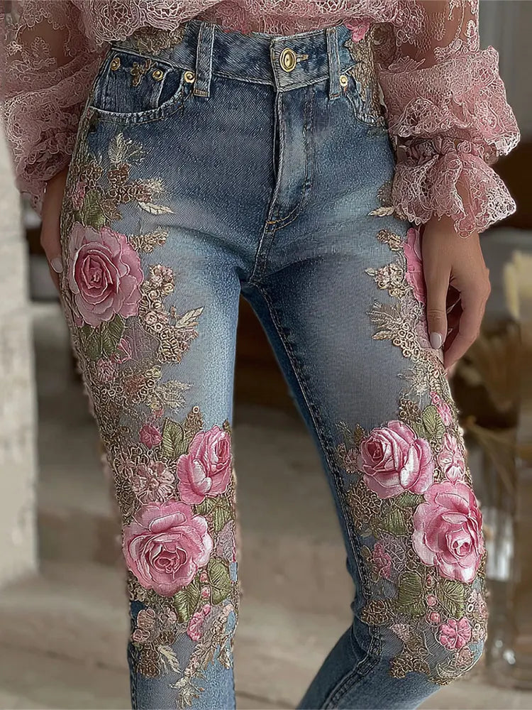 Women's Vintage Rose Floral Embroidery Gradient Art Casual Jeans