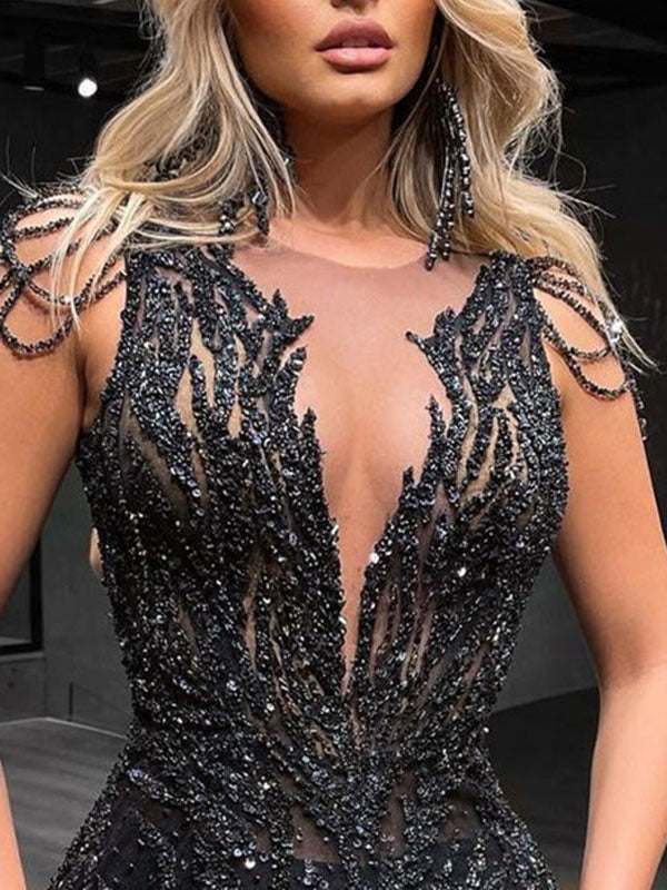 Sexy Slim Jacquard Split-Joint Mesh Shiny Evening Mini Dress