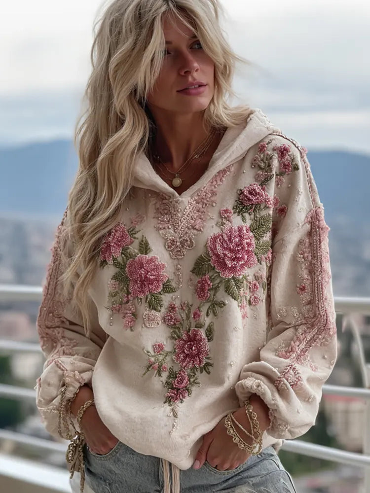 Vintage  Pink Rose Embroidery Art Hooded Sweater