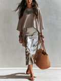 Sophisticated Taupe Draped Cape Top & Skirt Set