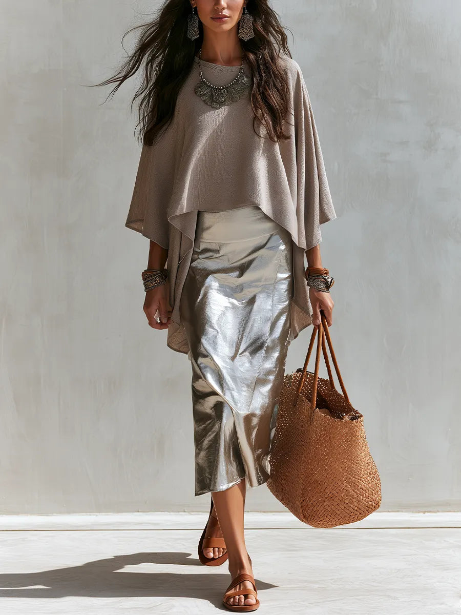 Sophisticated Taupe Draped Cape Top & Skirt Set