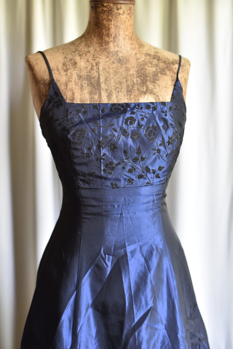 Royal Blue Metallic Y2K Vintage Empire Waist Floral Gothic Fantasy Fairycore Special Occasion Maxi Dress