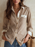 Effortless Coastal Elegance Neutral Stripe Cotton Blend Blouse