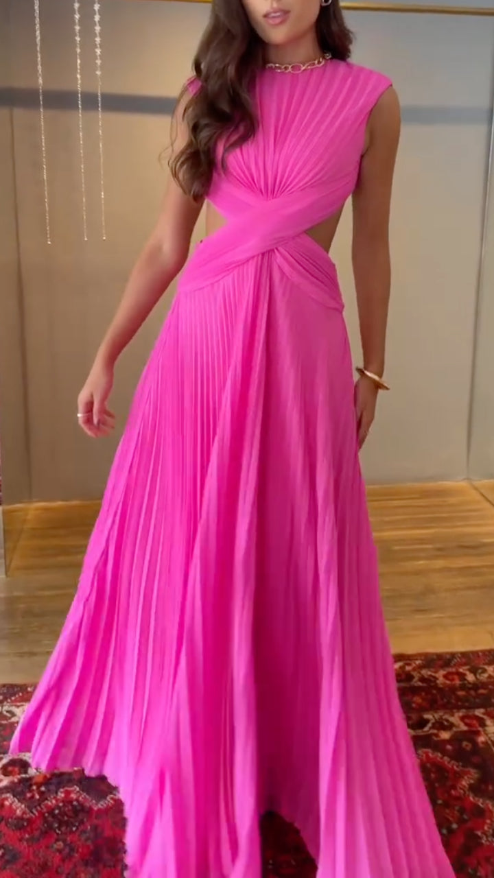 Neon Pink Cut-Out Pleated Maxi Dress