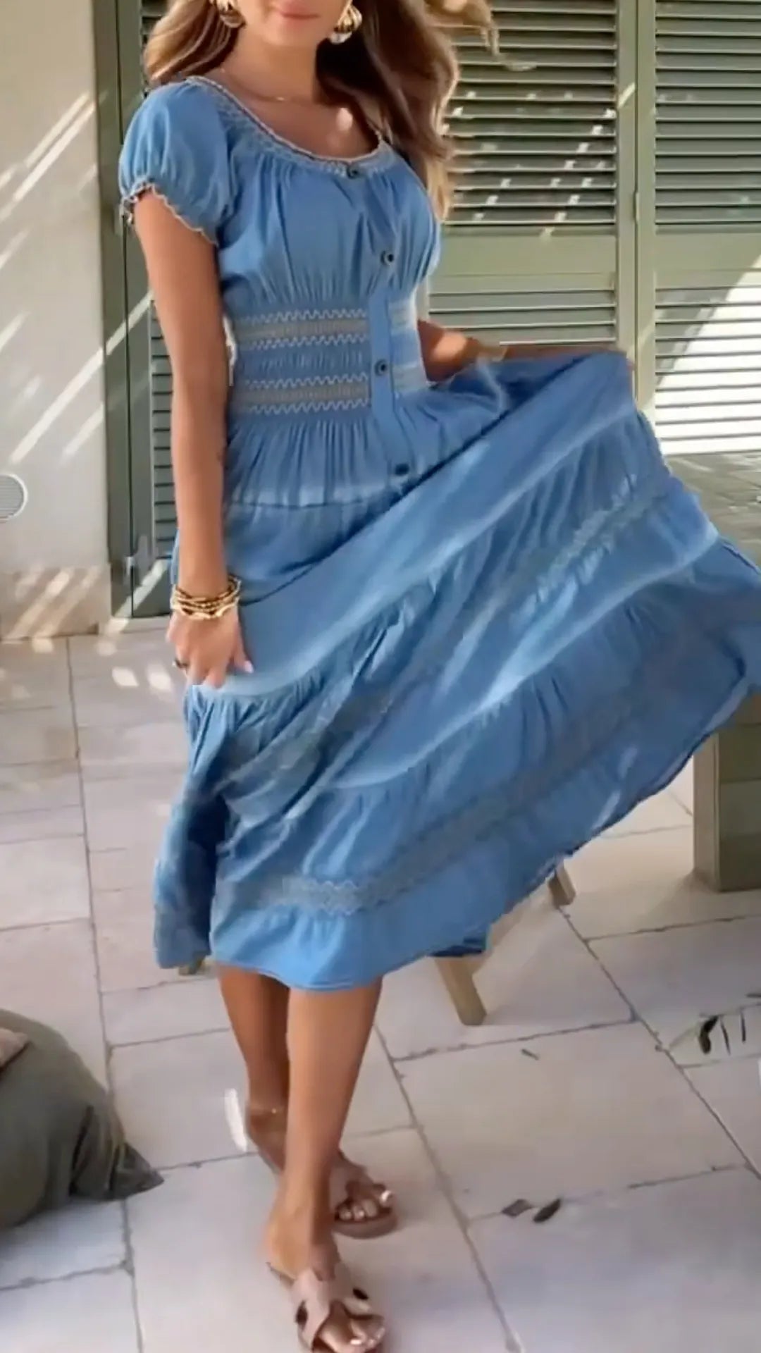 Blue Square Neck Denim Puff Sleeve Maxi Dress