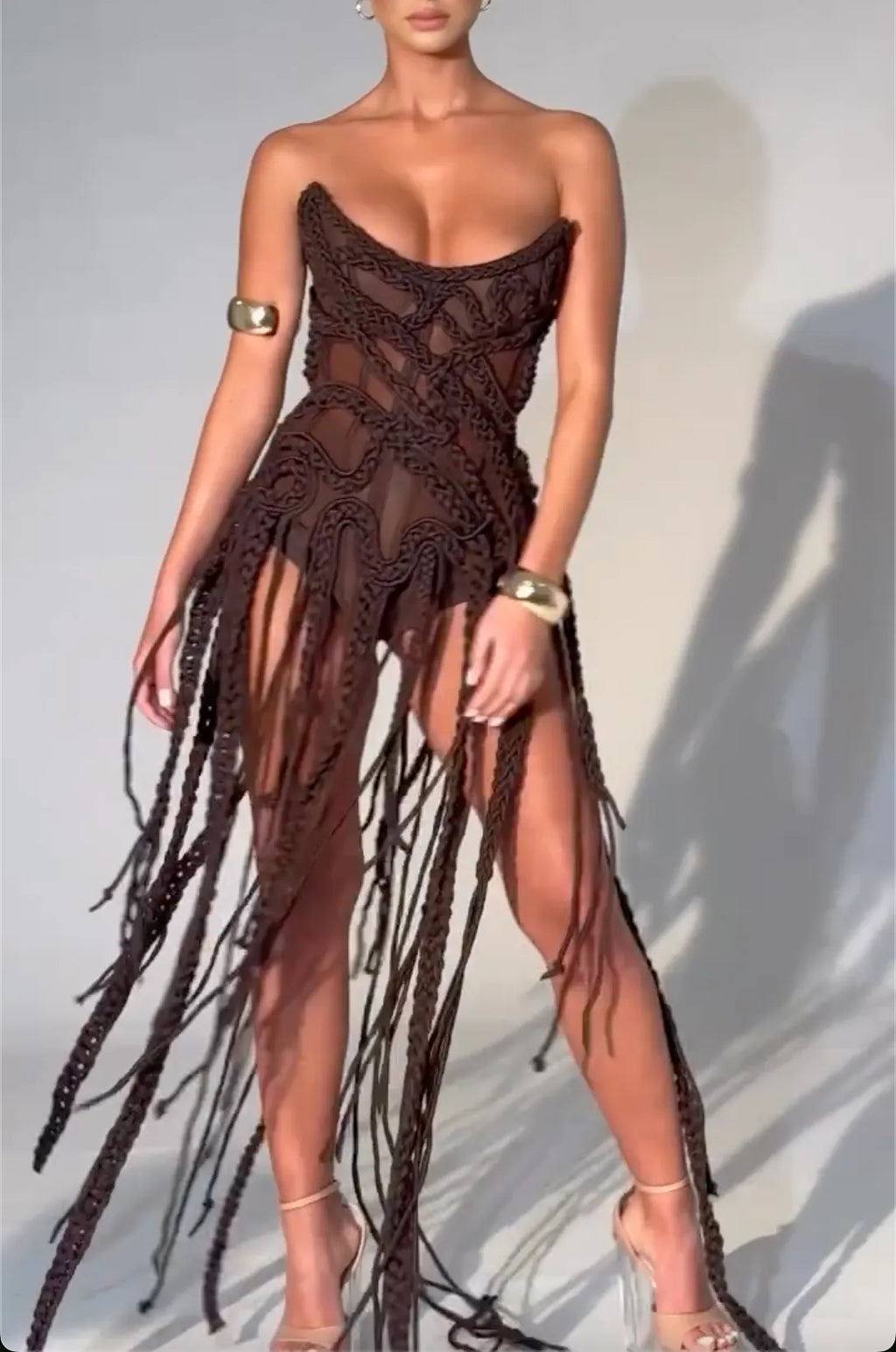 Brown Macramé Strapless Mini Dress with Braided Fringe Tassels