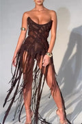 Brown Macramé Strapless Mini Dress with Braided Fringe Tassels