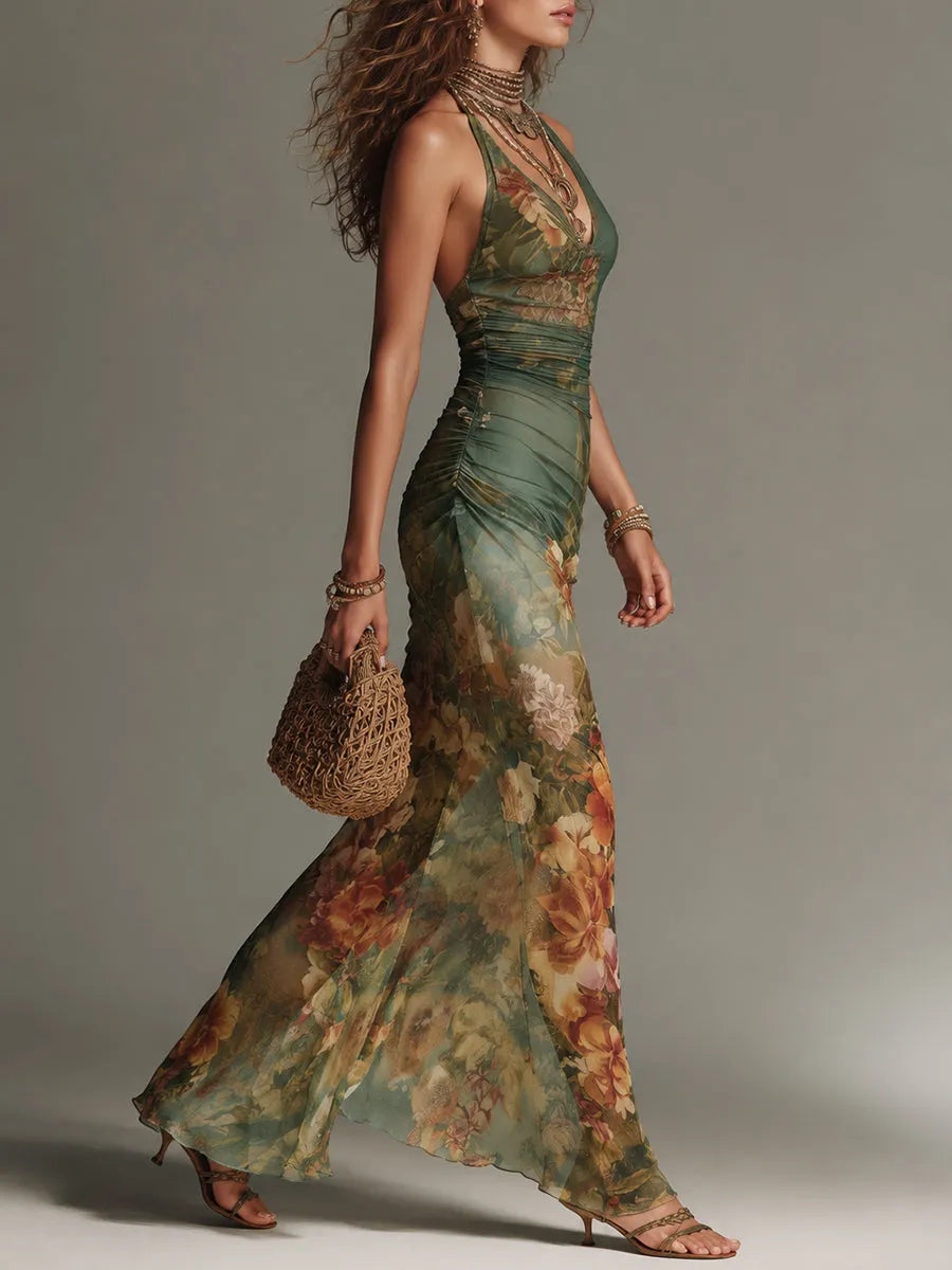Retro Oil Painting Floral Print Slim-Fit Mesh Maxi Dress
