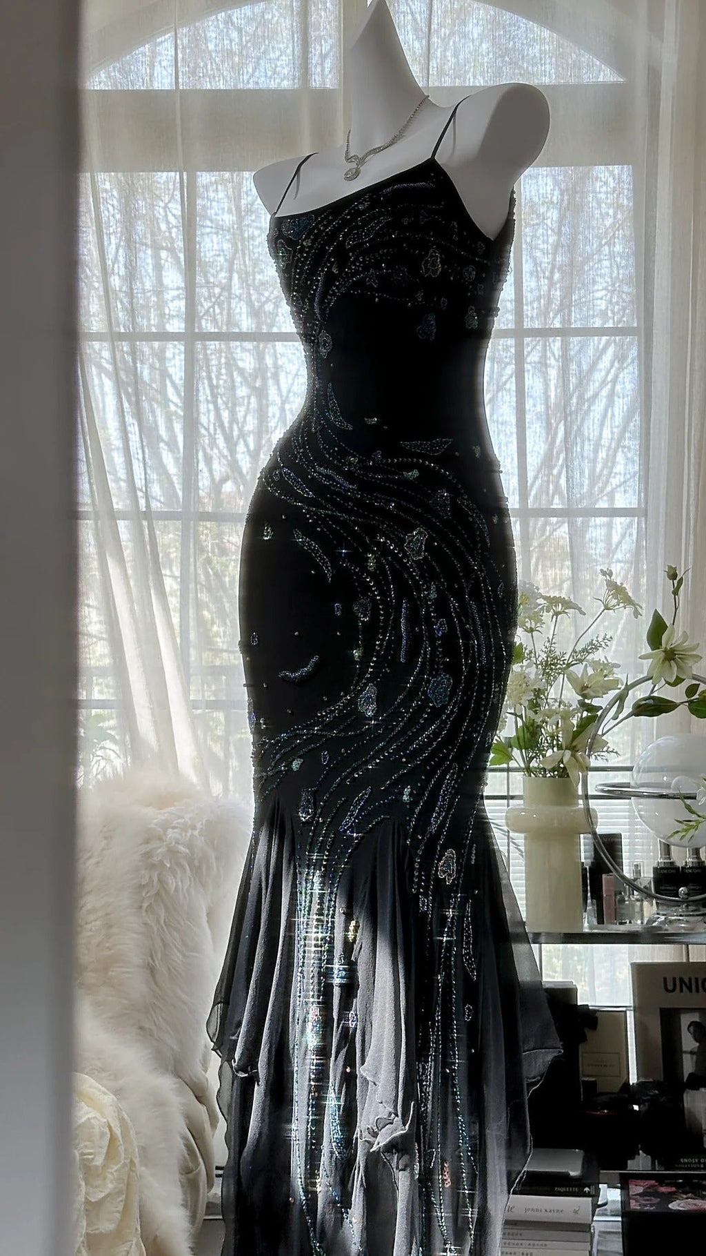 Black Shiny Luxury Gorgeous Exquisite Beaded Long Mermaid Mermaid Dress Chiffon Fairy Ball Dress Evening Dress Wedding Guest Party Dress Prom Dress Date Dress Graduation Dress 3992