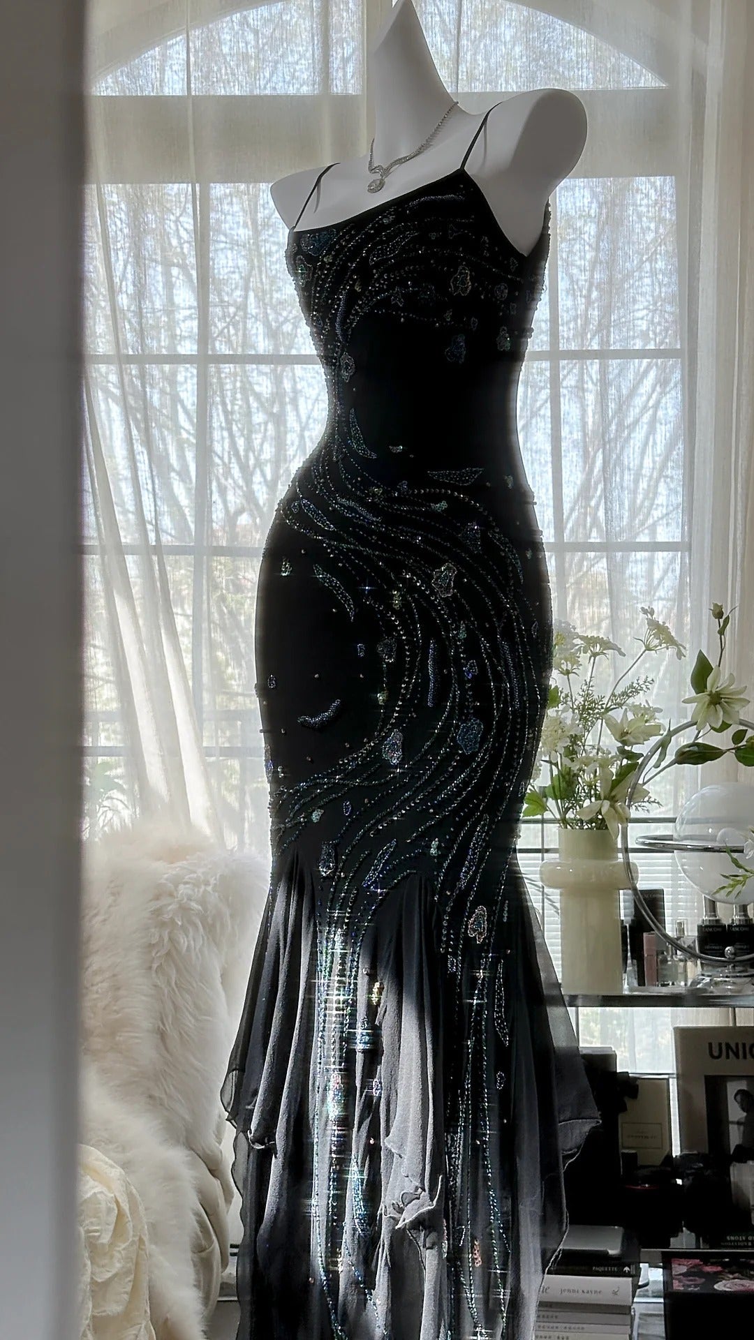 Black Shiny Luxury Gorgeous Exquisite Beaded Long Mermaid Mermaid Dress Chiffon Fairy Ball Dress Evening Dress Wedding Guest Party Dress Prom Dress Date Dress Graduation Dress 3992