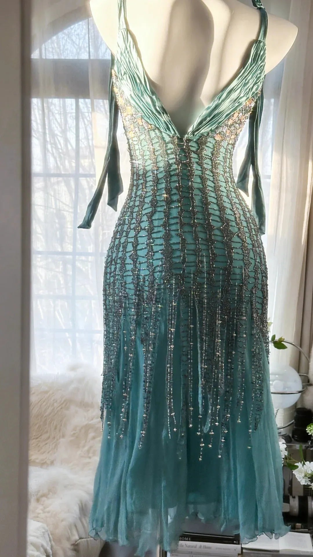Green Luxury Gorgeous Retro Fashion Exquisite Tassel Beaded Mid-Length Chiffon Ball Gown Birthday Party Dress Evening Dress Prom Dress 3973