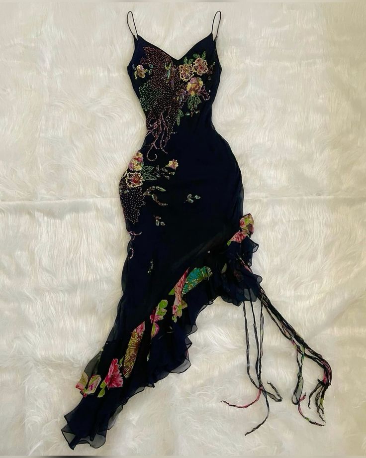 Black gorgeous exquisite colorful floral beading long ruffled chiffon evening dress party dress prom dress