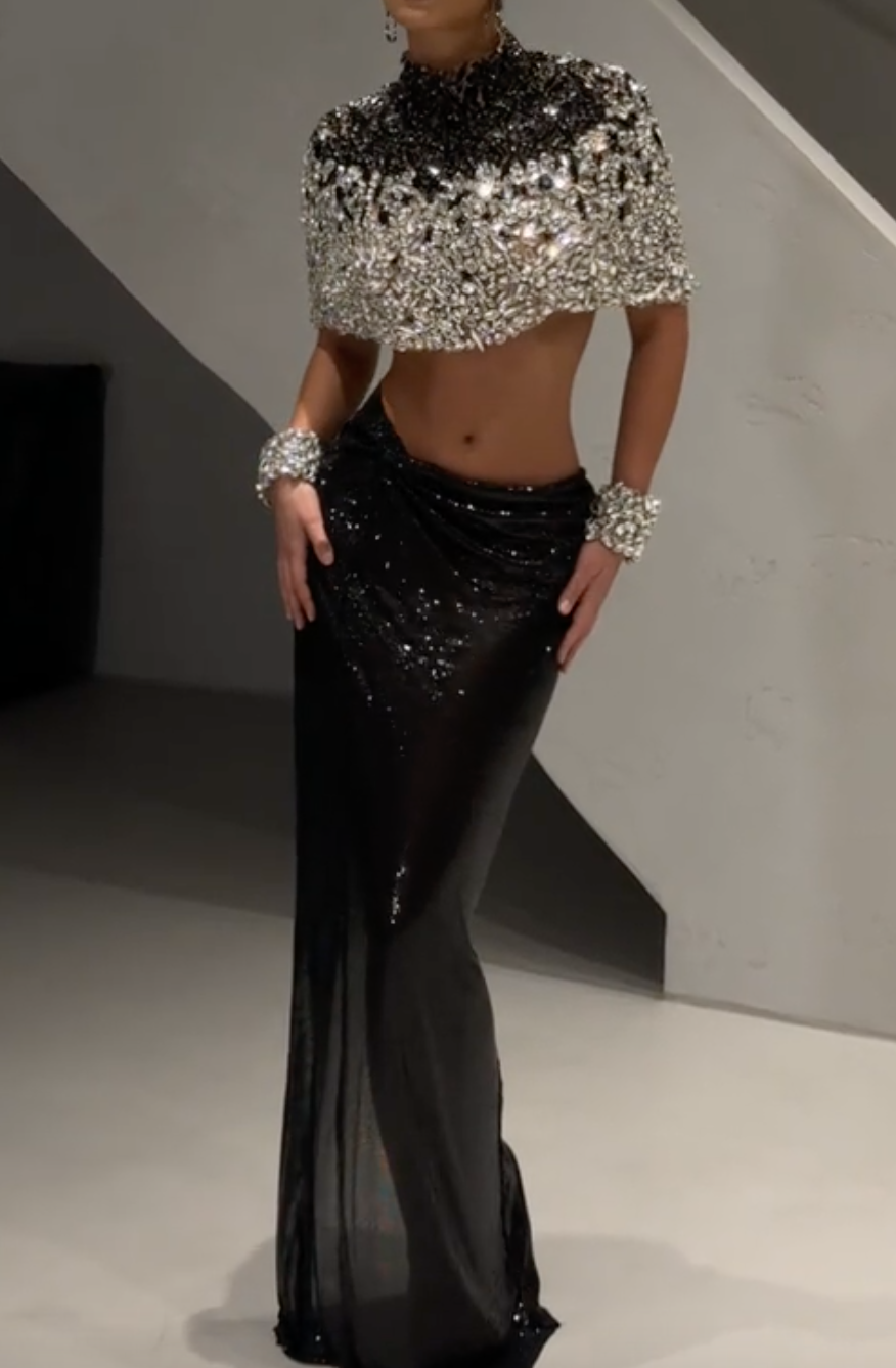 Black & Silver Ombre Beaded Capelet with Sequin Mermaid Maxi Dress Set
