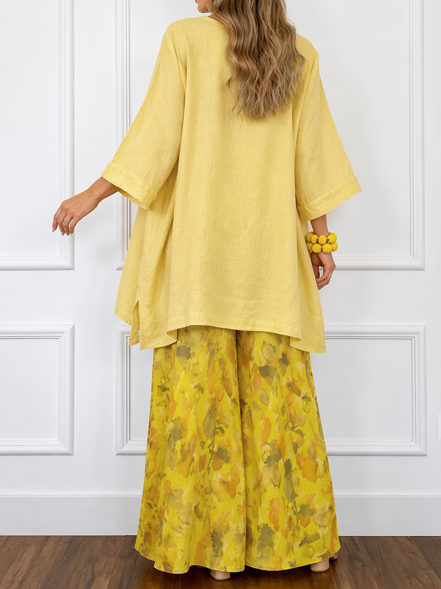 Split-side Solid Color Three-quarter Sleeves Loose Round-neck Blouses&shirts Tops