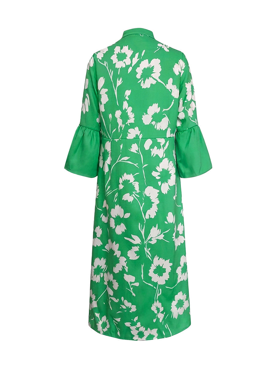 Flared Sleeves Loose Flower Print Pleated Pockets Split-Side V-Neck Maxi Dresses