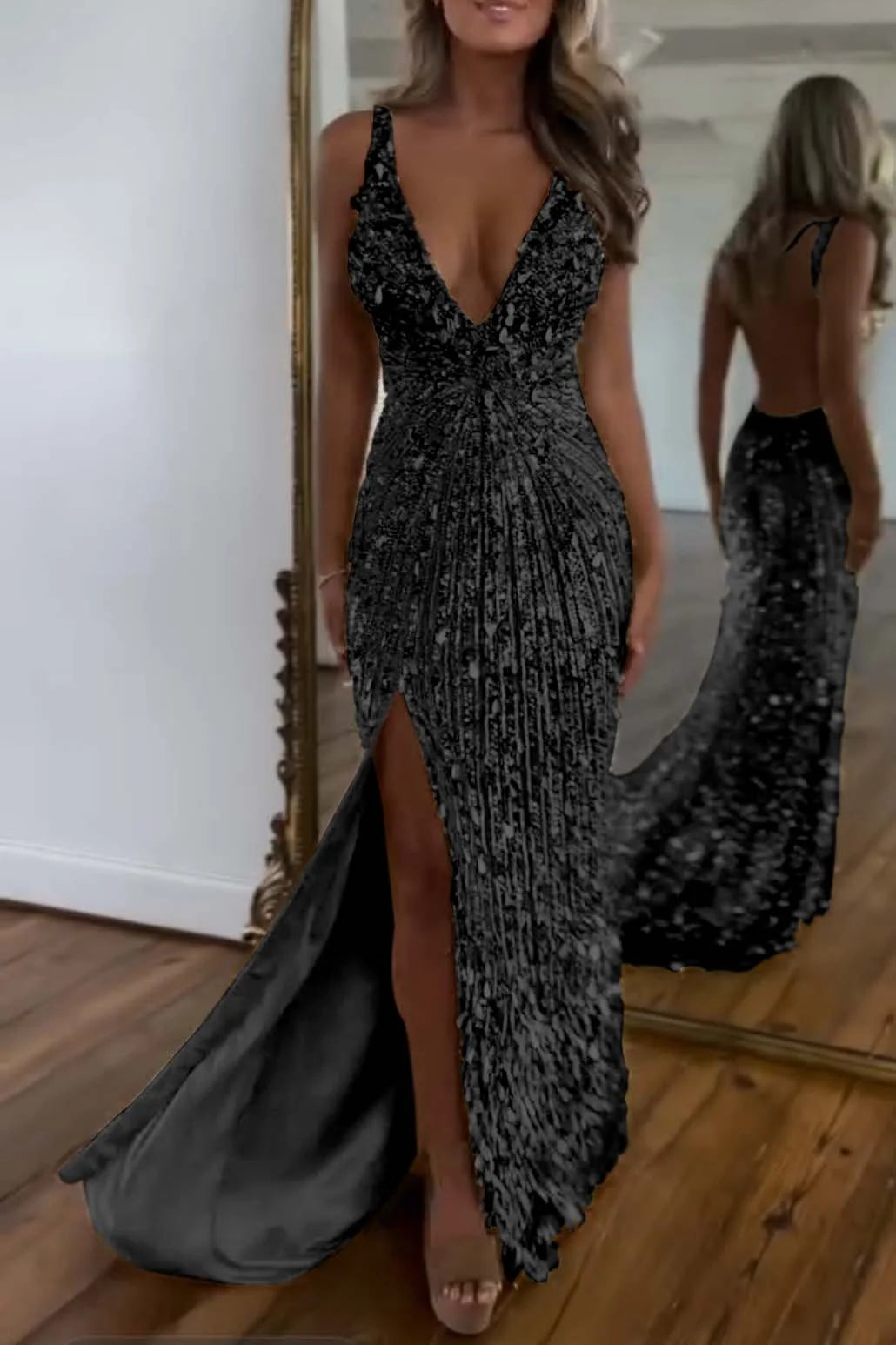 Charming Gold Sequins Spaghetti Strap Sleeveless V Neck Long Prom Dress with Split