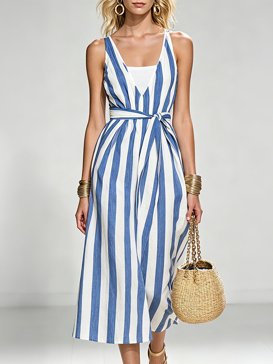 Resort Cotton Striped Belted Sundress Beach Maxi Dress