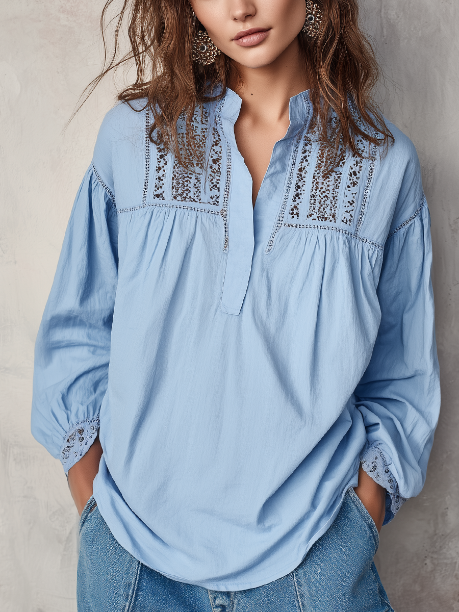 Refined Sky Blue Lace Yoke Blouse