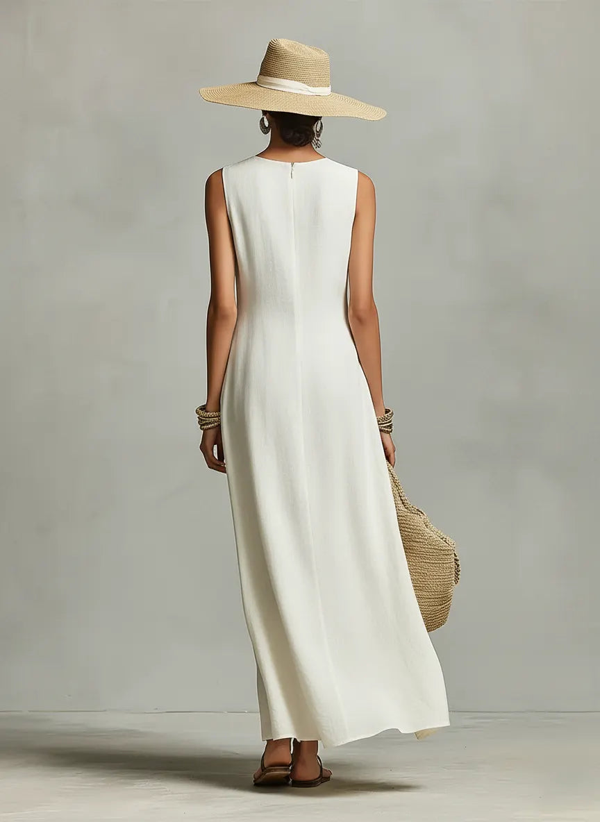 Women's Ivory Breathable Linen Dress With Sleeveless Detail & Asymmetric Hem, Contemporary Casual-Feminine Style Dress