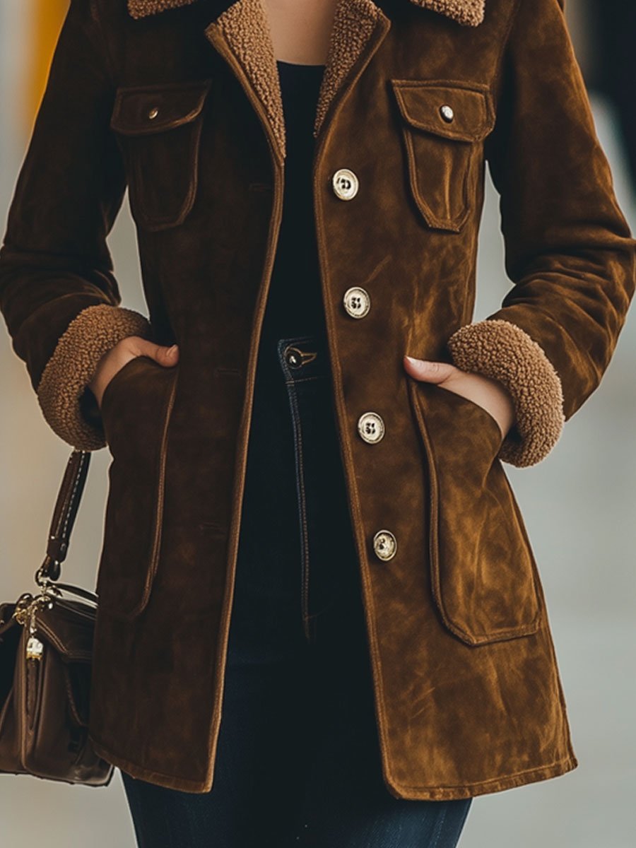 [24-hour shipping out]Casual Loose Retro Suede Lamb Wool Patchwork Multi-Pocket Coat